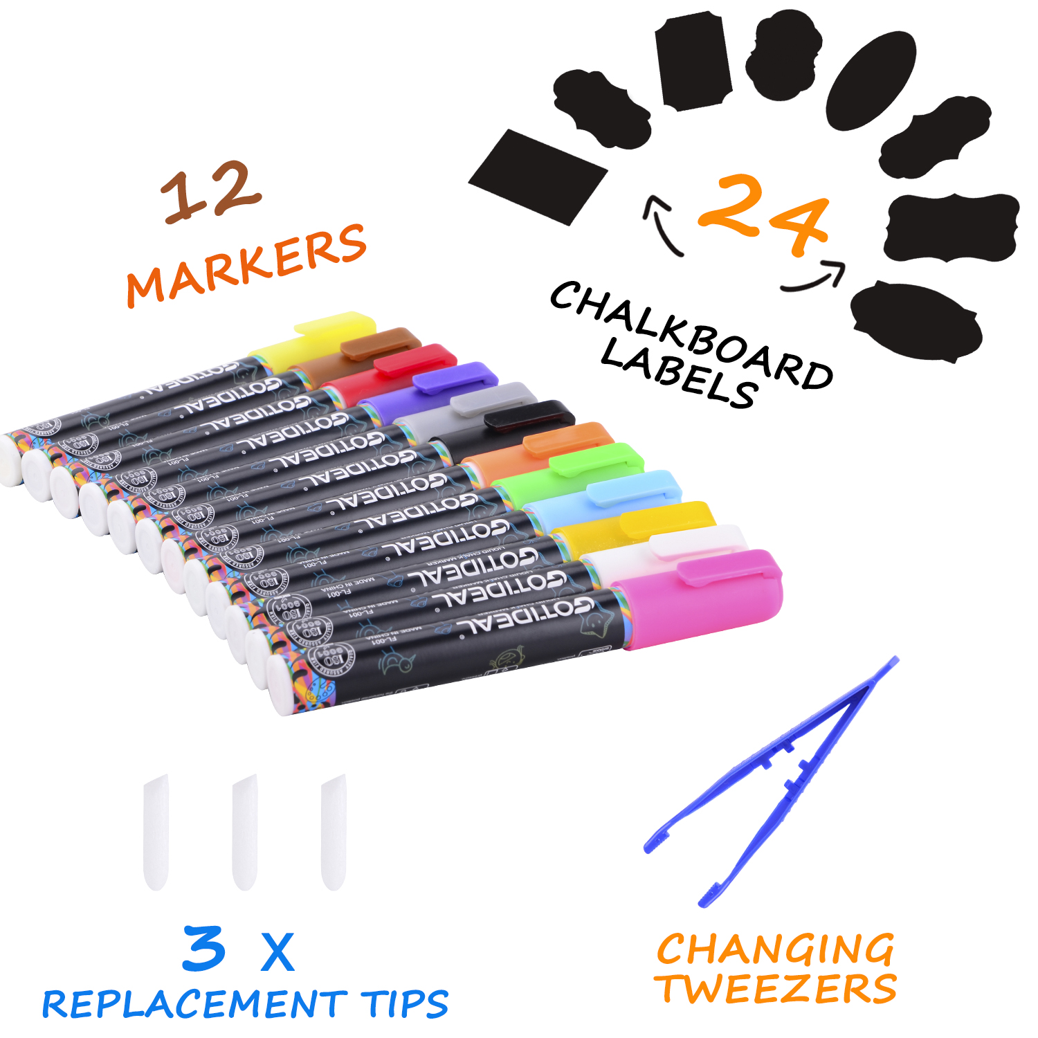 Gotideal FM-001 GOTIDEAL White Chalk Markers, Bold Tip Washable Chalkboard  Markers, Car Window Markers,for Blackboard, Glass & Bistro, Non-Toxic